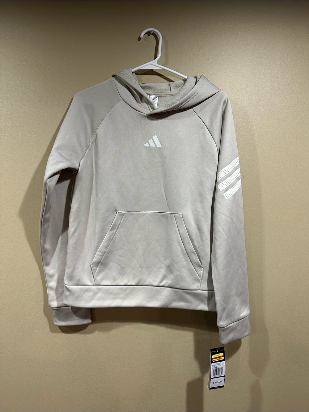 adidas Light Taupe youth Pullover Hoodie with 3-Stripe Sleeve